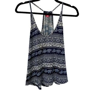 SOCIAL TEEN T-back Cami Blue/White Elephant & Paisley Print Relaxed Flowy SIZE S